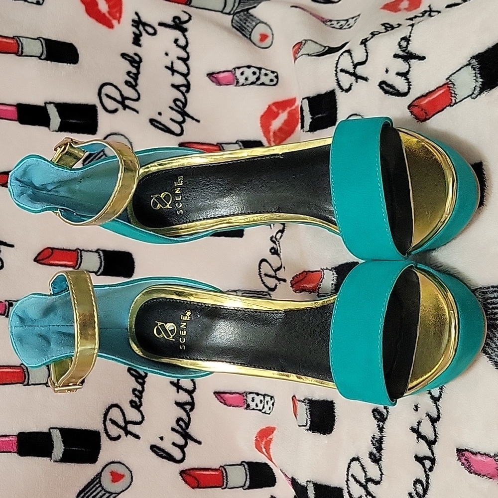Turquoise and gold  wedges size 8